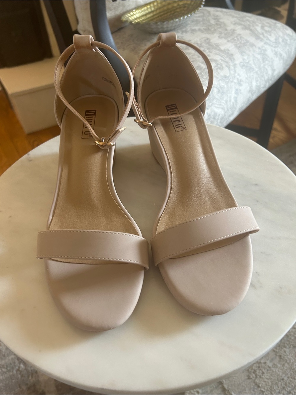 IDIFU Blush Nude Ankle-Strap Wedge Sandals